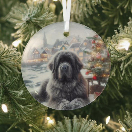 Grey Newfoundland Dog Glas Ornament (Insitu)