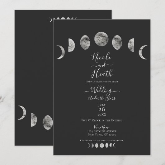 Grey Night Sky Moon faseert Waterverf bruiloft Kaart (Voorkant / Achterkant)