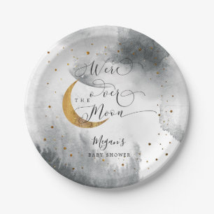 Grey Over the Moon Gold Stars Baby shower Papieren Bordje