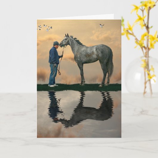 Grey Paard en bruidegom dank u huisdier zittende K Kaart (Gele Bloem)