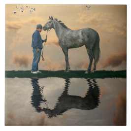 Grey Paard en bruidegom OTTB keramische Tegel Tegeltje