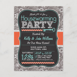 Grey Paisley; Chalkboard housewarming party Uitnodiging Briefkaart