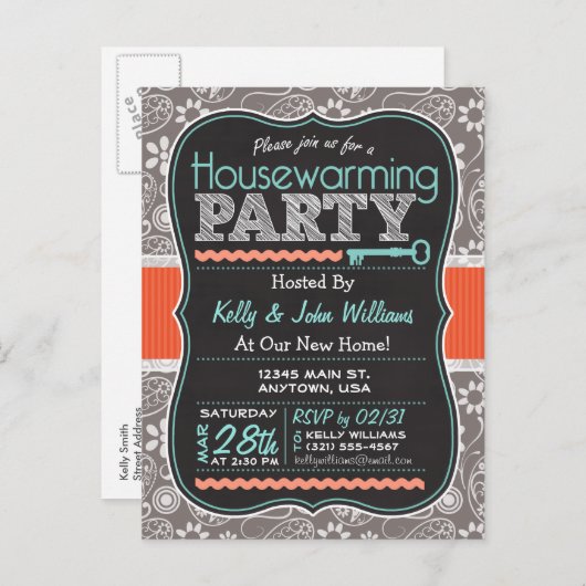 Grey Paisley; Chalkboard housewarming party Uitnodiging Briefkaart (Voorkant / Achterkant)