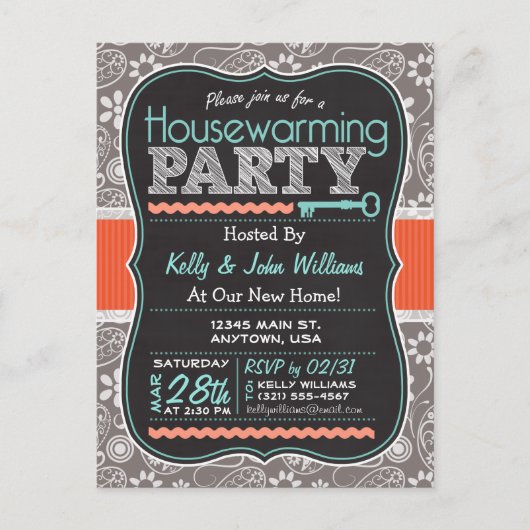 Grey Paisley; Chalkboard housewarming party Uitnodiging Briefkaart (Voorkant)