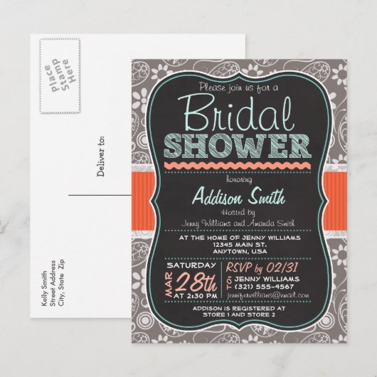 Grey Paisley Chalkboard look Vrijgezellenfeest Uitnodiging Briefkaart (Voorkant / Achterkant)