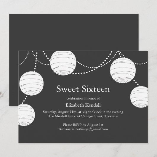 Grey Party Lantern Sweet 16 Invitation Kaart (Voorkant / Achterkant)