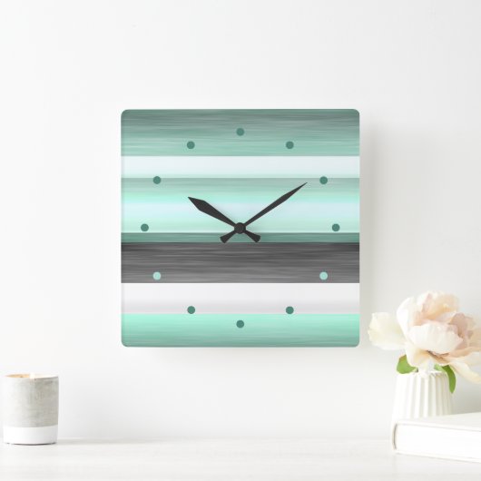 Grey Pastel Mint Green Black Waterverf Stripes Vierkante Klok (Huis)
