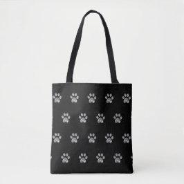 Grey Paw Pattern op zwart Tote Bag