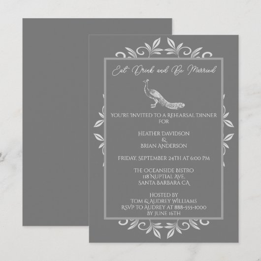 Grey Peacock Flourish Rehearsal Dinner Invitation Kaart (Voorkant / Achterkant)
