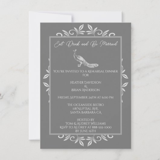 Grey Peacock Flourish Rehearsal Dinner Invitation Kaart (Voorkant)