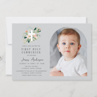 Grey photo arch first holy communion invitation kaart