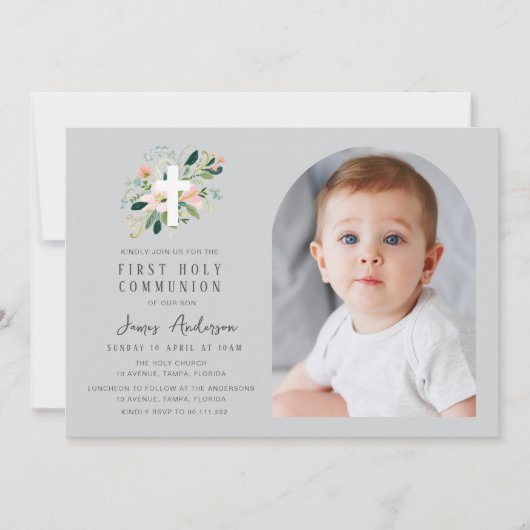 Grey photo arch first holy communion invitation kaart (Voorkant)