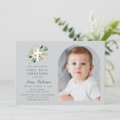 Grey photo arch first holy communion invitation kaart (Staand voorkant)