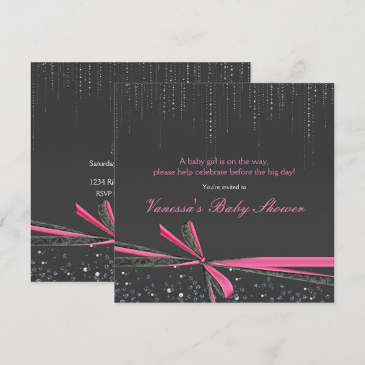 Grey & Pink Bow Rhinestone Baby Shower Uitnodiging (Voorkant / Achterkant)