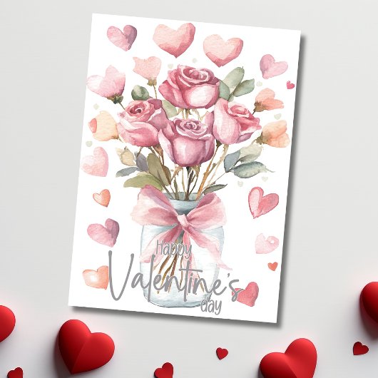 Grey pink rose jar Happy Valentines Day Feestdagenkaart