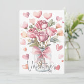 Grey pink rose jar Happy Valentines Day Feestdagenkaart (Staand voorkant)