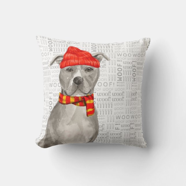 Grey Pit Bull Terrier Waterverf Kerstmis Kussen (Voorkant)