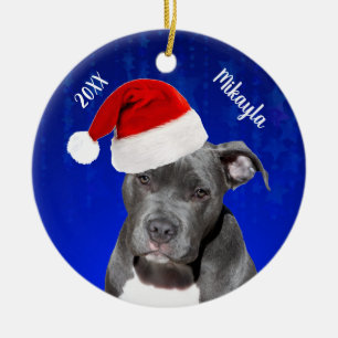 Grey Pit Bull with Santa Hat Christmas Ceramic Orn Keramisch Ornament