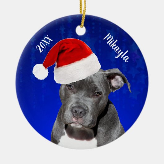 Grey Pit Bull with Santa Hat Christmas Ceramic Orn Keramisch Ornament (Voorkant)