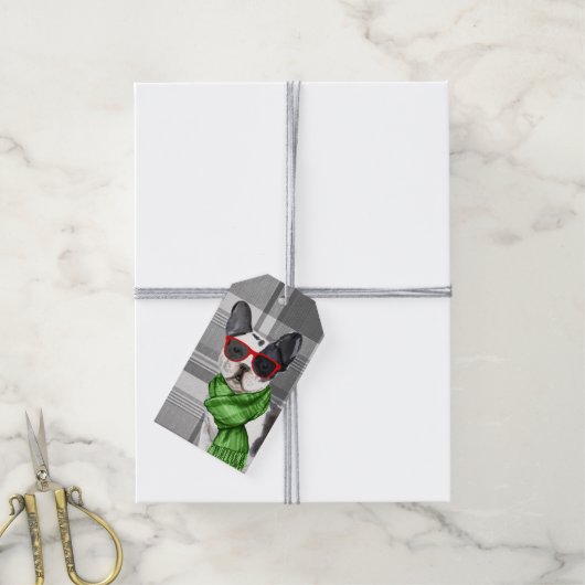 Grey Plaid en een Schattigee Boston Terrier Dog Ch Cadeaulabel (Met Touw)