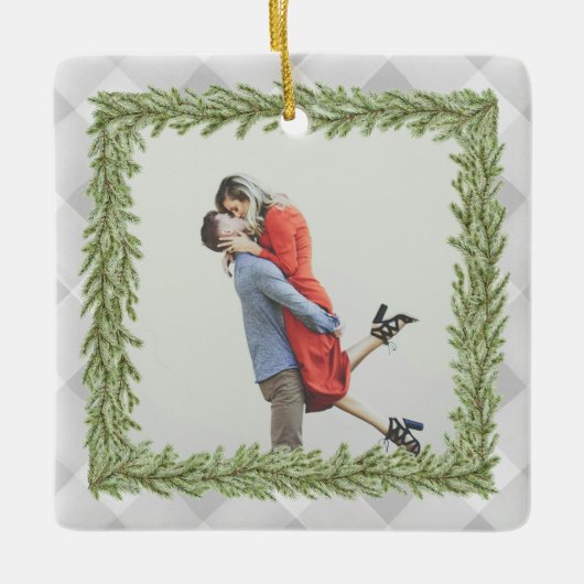 Grey Plaid Gingham foto 1e Kerstmis Getrouwd Keramisch Ornament (Voorkant)