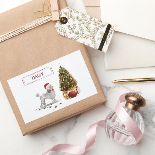 Grey Poodle Funny kersthond met boom Rechthoekige Sticker (Geschenken)