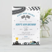 Grey Racing Car verjaardagsfeestje uitnodiging (Staand voorkant)