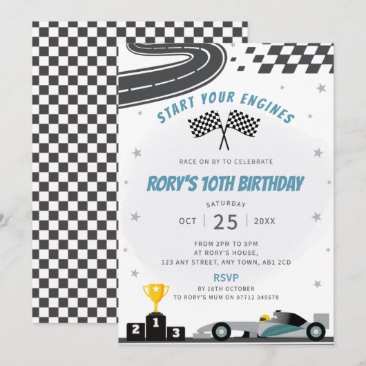Grey Racing Car verjaardagsfeestje uitnodiging (Voorkant / Achterkant)