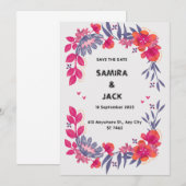 Grey Red Floral Huwelijksuitnodiging Kaart (Voorkant / Achterkant)