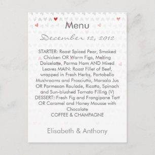 Grey & Red Little Hearts huwelijksmenu Briefkaart