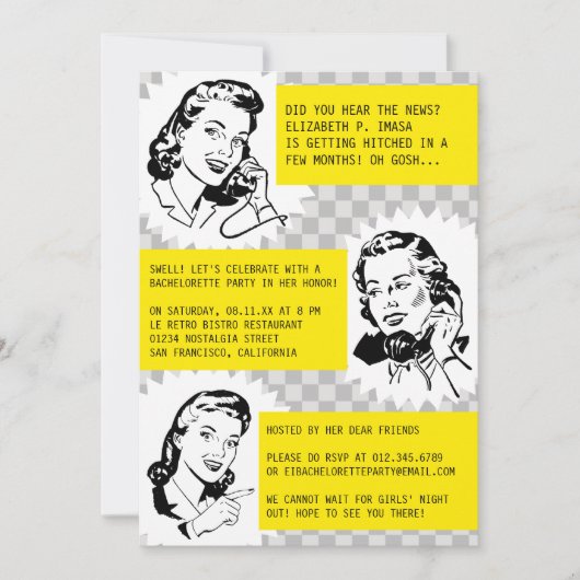Grey Retro Gossip Gals Bachelorette Party nodigt u Kaart (Voorkant)