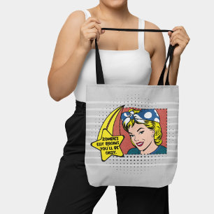Grey Retro Pop Art Zombie Brains Phrase Tote Bag