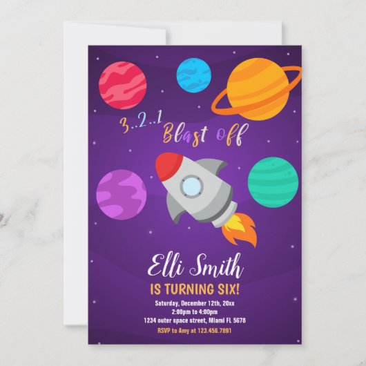 Grey Rocket Blast Off verjaardagsuitnodiging Kaart (Voorkant)
