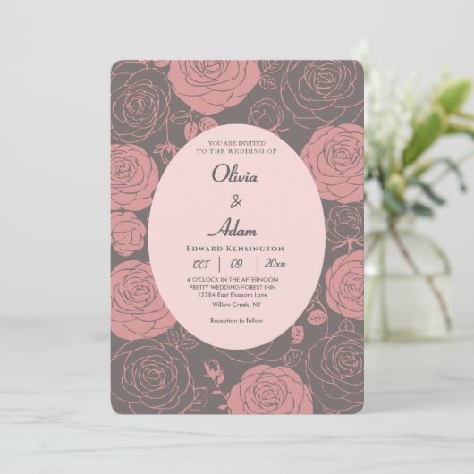 Grey Rozen bruiloft uitnodiging (Staand voorkant)