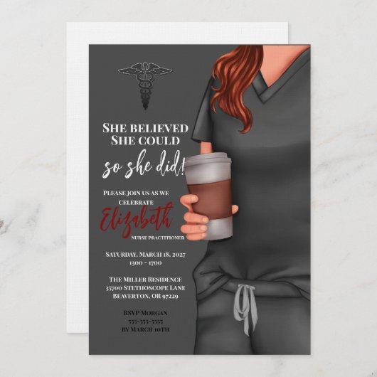 Grey Scrubs Verpleegkunde School Afstuderen Uitnod Kaart (Voorkant / Achterkant)