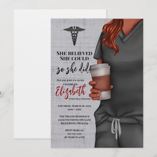 Grey Scrubs Verpleegkunde School Afstuderen Uitnod Kaart (Voorkant / Achterkant)