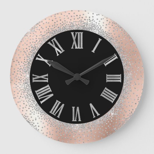 Grey Silver Crystals Black Roos Roman Numbers Grote Klok (Voorkant)