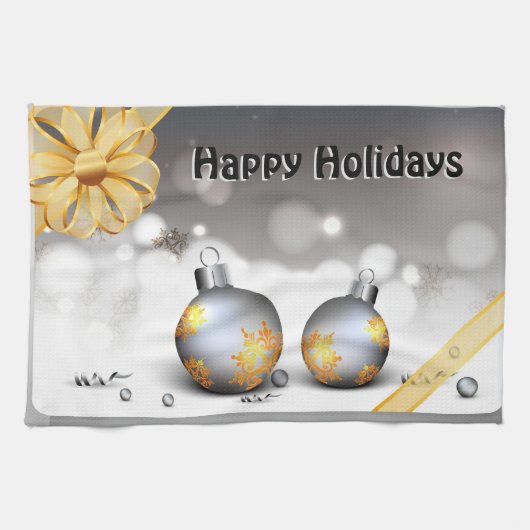 Grey Silver Gold Holiday Baubles Theedoek (Horizontaal)