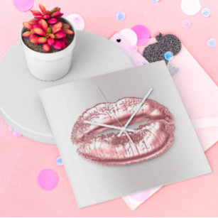 Grey Silver Kiss Lips Roze Rose Gold Makeup Artist Vierkante Klok
