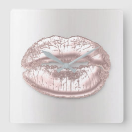 Grey Silver Kiss Lips Roze Rose Gold Metal Makeup Vierkante Klok