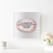 Grey Silver Kiss Lips Roze Rose Gold Metal Makeup Vierkante Klok (Huis)