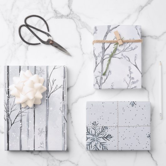 Grey Silver Snowflake Trees Christmas Inpakpapier Vel (Voorkant)