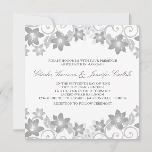 Grey Simple Floral Wedding Invite Kaart (Voorkant)