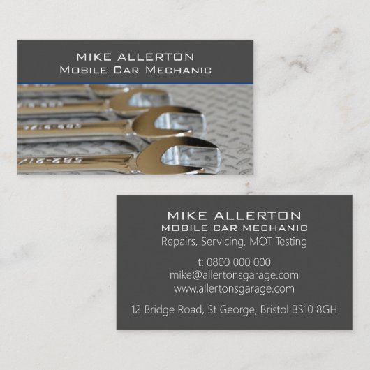 Grey Spanners Auto Mechanic Slank Visitekaartje (Voorkant / Achterkant)
