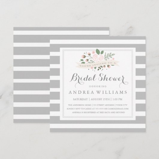 Grey Stripe en Floral Vrijgezellenfeest Uitnodigen Kaart (Voorkant / Achterkant)