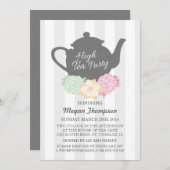 Grey Stripe & Theepot High Tea Uitnodiging (Voorkant / Achterkant)