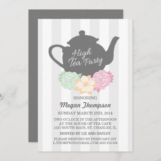 Grey Stripe & Theepot High Tea Uitnodiging (Voorkant / Achterkant)