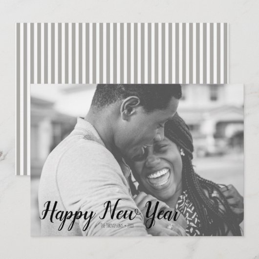 Grey Striped Pattern Happy Nieuwjaarsfotokaart Feestdagenkaart (Voorkant / Achterkant)