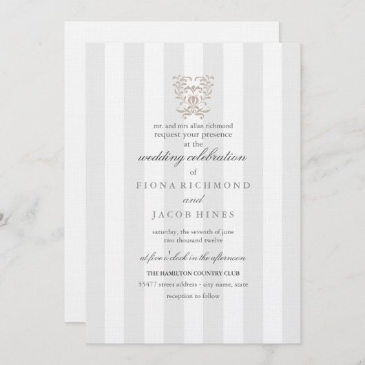 Grey Stripes & Brown Damask Uitnodiging voor de br (Voorkant / Achterkant)