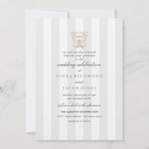 Grey Stripes & Brown Damask Uitnodiging voor de br